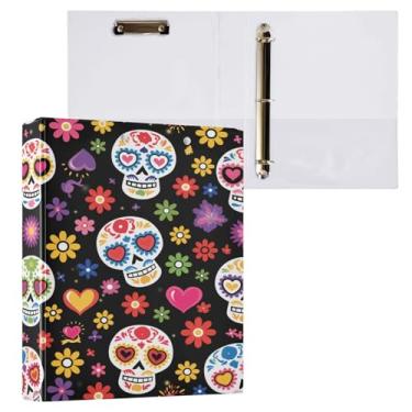 Imagem de Blueangle Fichário de 3 anéis de flor de caveira de açúcar com prancheta e 2 bolsos - Organizador de documentos decorativos de 3 cm para escritório, suprimentos para reuniões (525)
