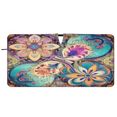Imagem de Blueangle Para-brisa de azulejo têxtil oriental colorido - 149.9 cm x 76.2 cm dobrável carro janela frontal blocos para-sol raios UV viseira de sol (464)
