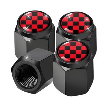 Imagem de 4 peças de tampas universais de haste de válvula de pneu de alumínio, poeira durável e corrosão, capas à prova de prova para carros, caminhões, bicicletas, motocicletas (xadrez preto vermelho)