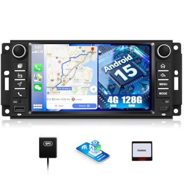 Imagem de Estéreo automotivo Android 15 Double Din com GPS 17 polegadas, tela sensível ao toque, Bluetooth, WiFi, rádio FM RDS, suporte para câmera traseira para Jeep Wrangler 2009–2018
