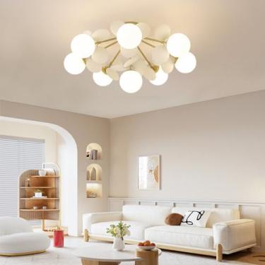 Imagem de Lustre Sputnik com 8 Globos de Vidro G9, Acabamento Dourado Fosco, Estilo Meados do Século XX, Luminária de Teto Ajustável, Pendente Vintage para Sala de Jantar, Cozinha, Quarto e Casa de Ca