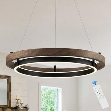 Imagem de Lustre de LED com 2 anéis, luz regulável, preto, lustre redondo, lustres circulares pretos de madeira de nogueira para sala de jantar, entrada, quarto, escritório, sala de estar