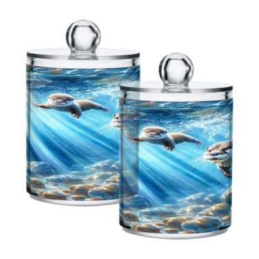 Imagem de Qilmy Otter Family Suporte Qtip para aquarela, pacote com 2, frascos de boticário de 400 ml, vasilha organizadora de banheiro para cotonetes, bolas de algodão, almofadas de maquiagem, fio dental, sais
