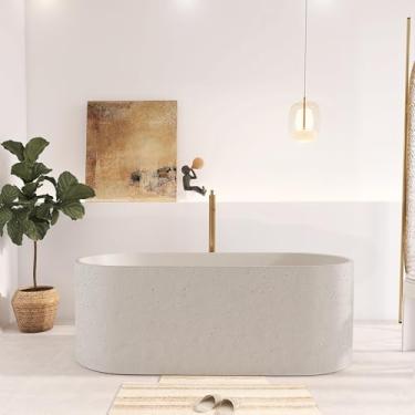 Imagem de Higeine Banheira independente de superfície sólida de travertino premium de 160 cm, banheira de imersão de resina de pedra texturizada fosca exclusiva com ralo pop-up
