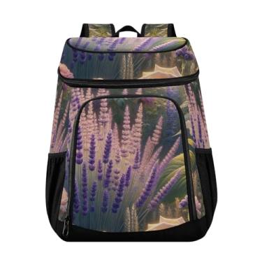 Imagem de ODAWA Mochila térmica à prova d'água para praia, listras náuticas, âncoras, mochila de almoço para piquenique, pesca, caminhadas, acampamento, Lavanda, girassóis, rosas