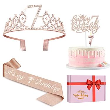 Imagem de Decorações de 7º aniversário para meninas com faixa e tiara, vela numeral e topo de bolo, suprimentos para lembrancinhas de festa de 7 anos de idade em ouro rosa