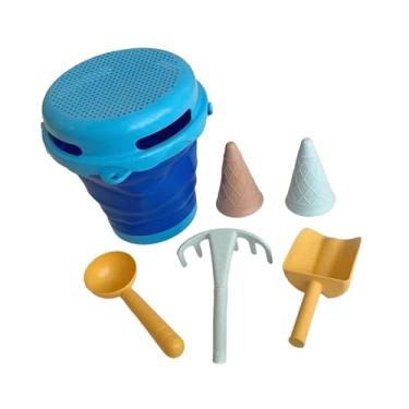 Imagem de Yunhgft Conjunto de Brinquedos de Areia para Praia, Portátil, com Balde, Pá, Ancinho E Palha. Feito em PP, Leve E Ideal para Crianças Brincarem Na Praia, Azul
