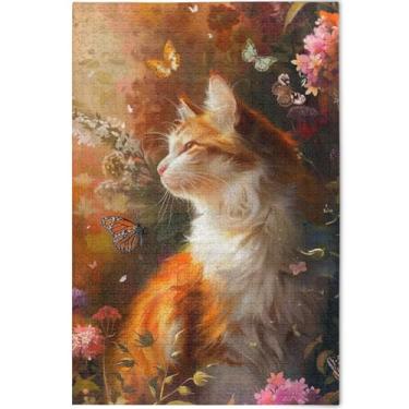 Imagem de Quebra-cabeça de gatinho floral de gato fofo personalizado, 500 peças, presentes tecnológicos para amantes, quebra-cabeça divertido para a família, pintura de arte animal, 52 x 37,8 cm