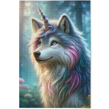 Imagem de Quebra-cabeça de lobo unicórnio engraçado personalizado 500 peças de jogos de tecnologia adulto presentes de inverno impressão de arte animal, 52 cm x 37,8 cm