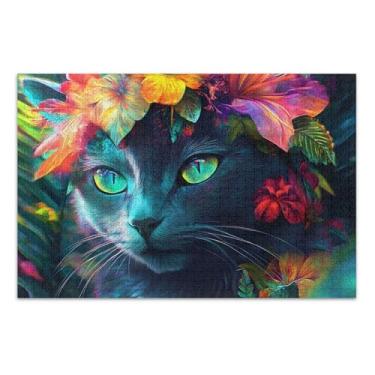 Imagem de Quebra-cabeça místico gato preto flores tropicais adultos 1000 peças cenário arte floral personalizado mordaça presente quebra-cabeça presentes para amantes de quebra-cabeça, 75 x 40 centímetros