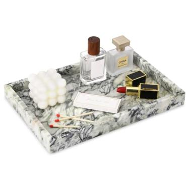 Imagem de Bandeja de banheiro de mármore, bandeja de mesa de banheiro de luxo natural para cozinha, banheiro, bandejas decorativas de pedra para chave, café, perfume, joias, maquiagem (esmeralda verde, 30 x 20