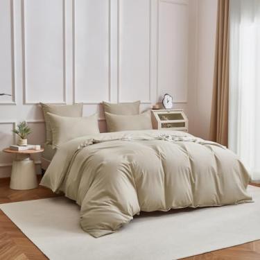 Imagem de YASMENG Capa de edredom 100% algodão, conjunto queen champanhe, luxuoso, macio, sedoso, cetim, 400 fios, algodão orgânico, durável, qualidade hoteleira, conjunto de cama (3 peças, sem edredom)