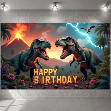 Imagem de Tema de aniversário de dinossauro, tema de festa jurássica, aniversário pré-histórico, celebração de dinossauro, faixa de celebração pré-histórica, faixa de festa de dinossauro, elementos jurássicos