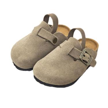 Imagem de Sandálias infantis de camurça para meninos e meninas, palmilha de cortiça, chinelos infantis sem cadarço para uso interno e externo, Caqui, 21