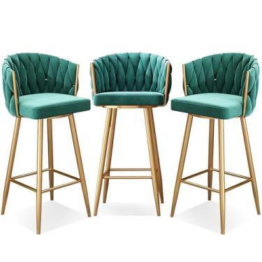 Imagem de Banquetas de bar giratórias modernas de 360°, cadeiras de cozinha estofadas de altura de bar com pernas de aço e apoio para os pés, perna de ouro verde, 3 peças