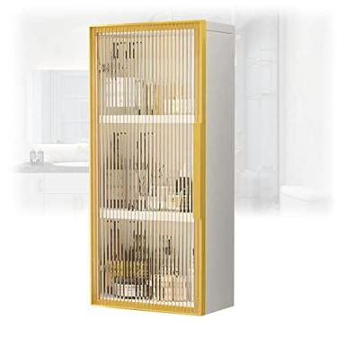 Imagem de Armário de remédios de madeira montado na parede com portas de vidro elegante acabamento dourado sem necessidade de perfuração, perfeito para banheiro, cozinha, lavanderia ou quarto, 30 x 14 x 75 cm