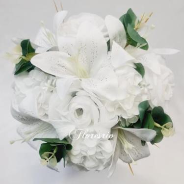 Imagem de Buquê de Noiva Artificial com Flores Coloridas para Casamento Civil ou Religioso(Lírio Branco/Rosa/Crisântemo)