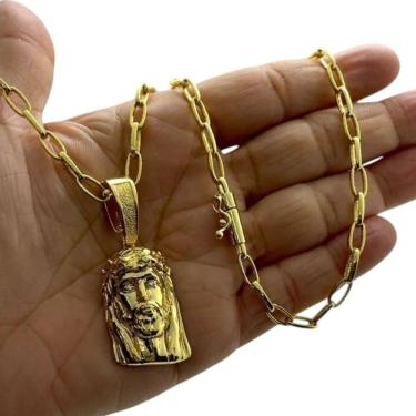 Imagem de Cordão 5Mm Meia Cana + Pingente Jesus - Banhado A Ouro