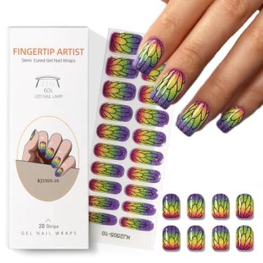 Imagem de RUOKEXIN Tiras de unhas de gel semicuradas de longa duração, resistentes a lascas, conjunto de géis de outono com desenhos de borboletas com glitter, envoltórios de unhas para mulheres, 20 peças