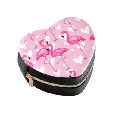 Imagem de Burbuja Caixa de joias flamingos em pé em uma perna em forma de coração, mini estojo de joias de viagem para mulheres e meninas, estojo portátil organizador de armazenamento para brincos, anéis
