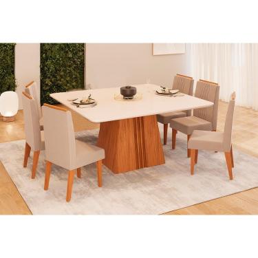 Imagem de Conjunto: Mesa de Cozinha Itália c/ Tampo Madeirado c/ Vidro Curvo 136x136cm e 6 Cadeiras Lia Freijo/Off White - Suede Kraft - DJ Móveis