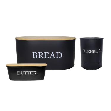 Imagem de Porta Pao Manteigueira Porta Utensilios Pote Aço Preto Bambu