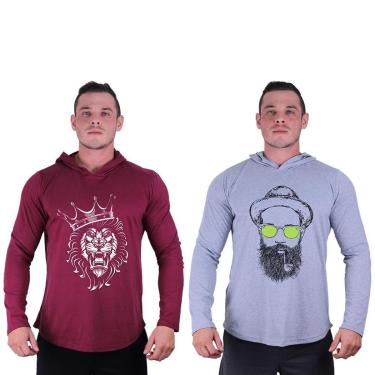 Imagem de Kit 2 Camisetas Manga Longa com Touca Longline Estampada Treino Academia Lazer Casual-Masculino