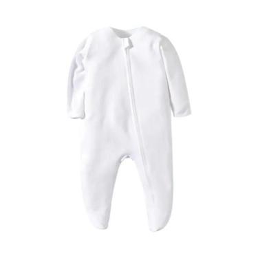 Imagem de Pijamas De Algodão Branco Unissex Para Bebês Recém-Nascidos Com Zíper 