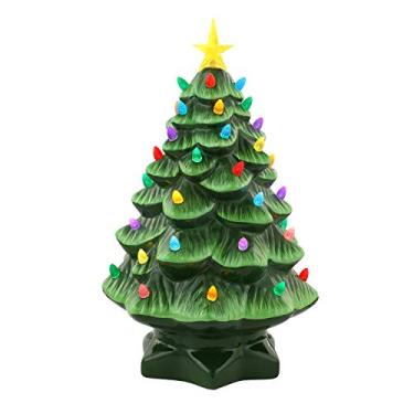 Imagem de Mr. Christmas Árvore de Natal de cerâmica nostálgica com luzes LED decoração interna, 35 cm, verde