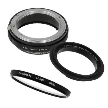 Imagem de Kit de filtro de anel reverso macro Fotodiox de 49 mm compatível com lentes de rosca de filtro de 49 mm para câmeras Nikon F-Mount - com filtro UV, adaptador de controle de abertura mecânico e tampa