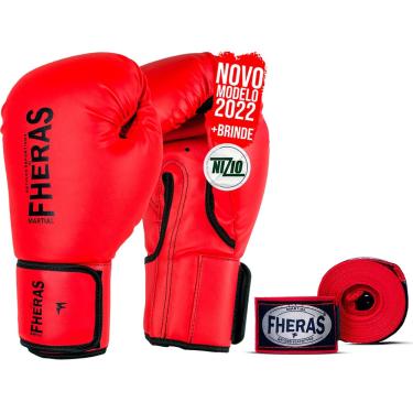 Imagem de Kit Muay Thai Luva Vermelha Boxe Tradicional Bandagem 10oz