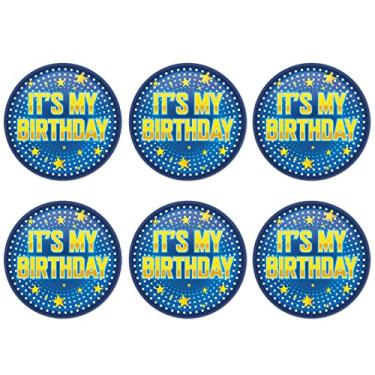 Imagem de Beistle 6 peças It's My Birthday Pinback broche de crachá para lembrancinhas de festa, 5 cm, azul/amarelo/branco