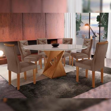 Imagem de Mesa Tampo Redondo Plus Vidro 120cmx120cm 6 Cadeiras Barcelona Cinamomo/Off White/Suede Animale