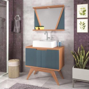 Imagem de Conjunto para Banheiro Gabinete Pés Retrô 80cm 2 Portas com Cuba e Espelheira com LED 1 Prateleira Onix Berton Cinamomo/Azul Petróleo