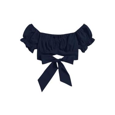 Imagem de OYOANGLE Camiseta feminina curta manga bufante, ombro de fora, amarrada nas costas, casual, lisa, franzida, Azul marinho, M