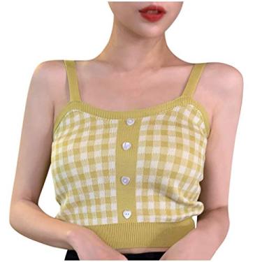Imagem de Regata feminina tricotada gráfica para malhar camiseta sexy sem mangas de verão blusa rodada colete formal, Amarelo, Tamanho Único