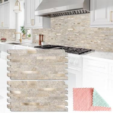 Imagem de StyloVue 20 folhas de revestimento de parede de PVC, bege escuro com aparência dourada de metal, atualize sua cozinha Backsplash, trailer, lareira