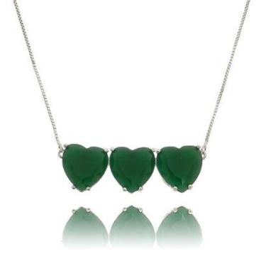 Imagem de Colar Soloyou Corações Prata Verde Esmeralda Semijoia Fina em Ródio Branco-Feminino