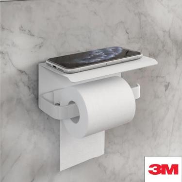 Imagem de Porta Papel Higiênico Suporte Para Celular Branco Fixação Adesiva 3M -