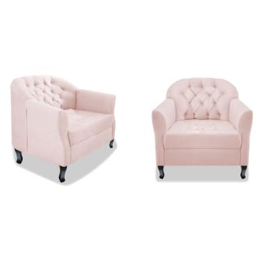 Imagem de Kit 02 Poltrona Cadeira Sofá Julia com Botonê Pés Luiz XV para Sala de Estar Recepção Quarto Escritório Suede Rosê - AM Decor