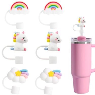 Imagem de Mocbovni 6 pacotes de topos de palha 3D da série arco-íris misto, capas de palha de silicone macio, adequado para canudo de 10 mm, compatível com Stanley Cup 30 e 1,134 g, acessórios protetores de