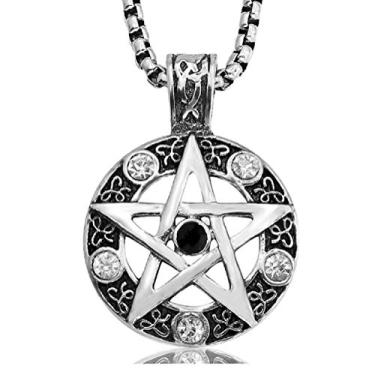 Imagem de Colar pentagrama poderoso de aço inoxidável, pingente de selo tradicional Wicca de Salomão, corrente de meio-fio de 69 cm (estilo branco)