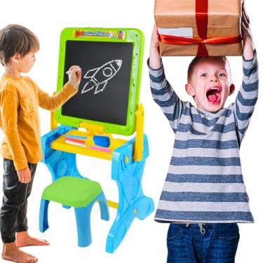 Imagem de Kit Cavalete Infantil Desenho Mesa De Desenhar Educativa Pedagogico Mesinha Didática Atividades Educacional + Giz Apagador Brinquedo Recreativo Presente dia das Criança (Azul)