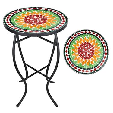 Imagem de Mesa lateral externa em mosaico, mesa de extremidade dobrável redonda de 35,56 cm, suporte de planta para ambientes internos para sala de estar, mesa gerâmica preta ferro, verde amarelo