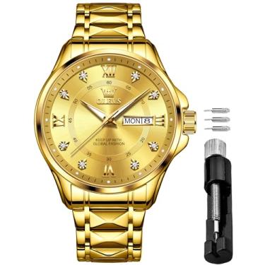 Imagem de OLEVS Relógios masculinos à prova d'água, aço inoxidável, à prova d'água, cronógrafo, relógio de pulso luxuoso, branco, luminoso, mostrador grande, analógico, quartzo masculino, 2906: ouro