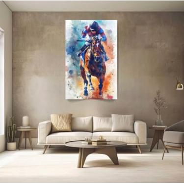 Imagem de Quadros Decorativos Aquarela Azul e Laranja Vertical para Quarto Hall Corrida de Cavalo Jockey Escritório Sala Luxo (100x70)