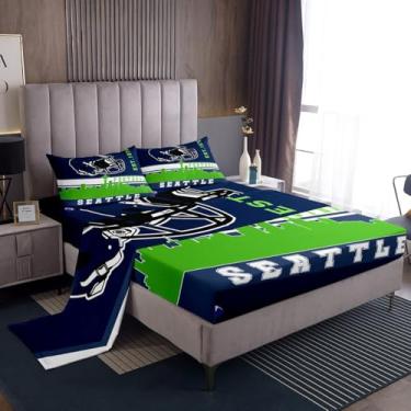 Imagem de Erosebridal Jogo de lençol solteiro de futebol americano, futebol americano, verde, azul, rúgbi, decoração de quarto, bola esportiva, lençol com elástico (Seattle)