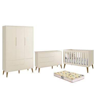 Imagem de Dormitório Infantil Theo Retrô 3 Portas, Cômoda 1 Porta, Berço com Pés Amadeirado e Colchão D18 - Reller Móveis Areia Fosco