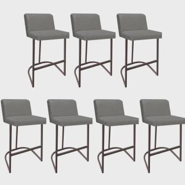 Imagem de Kit 07 Banquetas Com Encosto Noah Luxo Confort Bistrô Cozinha Ferro Marrom Linho Cinza - Ahz Móveis
