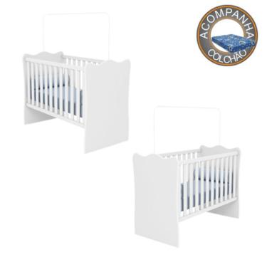 Imagem de Quarto de Bebê com Berços Gemeos Simples sem Rodízios Linha Doce Sonho Branco com Colchão 130x60 cm Baby Physical Qmovi Ortobom